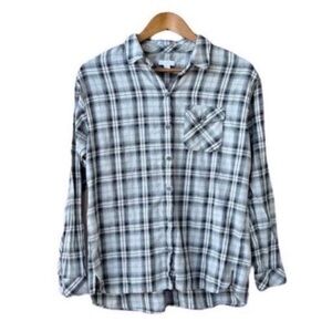 J. Jill Plaid Tunic Shirt Size Small 100% Cotton Gray Black White Fall Blouse